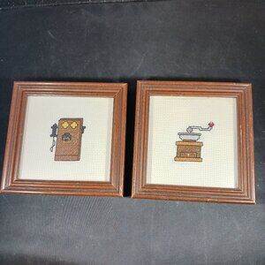 Vintage 2 pcs (Grinder Counted + Phone) Mini Cross Stitch Framed